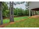 Large grassy backyard view from home exterior; patio and seating visible on walk out basement at 4840 Chase Ln, Cumming, GA 30040