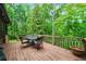 Wood deck features an outdoor table and grill, surrounded by green trees at 15 Bailey St, Whitesburg, GA 30185