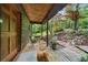 Cozy covered porch entrance of a log home, featuring a sitting area, stone floor, and woodland views at 15 Bailey St, Whitesburg, GA 30185