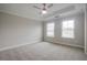 Spacious bedroom featuring a tray ceiling, fan, carpet flooring, and plenty of natural light from two windows at 1949 Townsend Ne Ct # 22, Atlanta, GA 30329