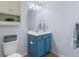 This bathroom features blue vanity cabinets, a toilet, and a basket decor at 2245 Long Bow Chase, Kennesaw, GA 30144