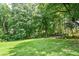 Spacious backyard with lush green grass and mature trees, perfect for outdoor activities at 3223 Heritage Way, Buford, GA 30519