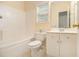 Bright bathroom featuring a tub with shower, toilet, and vanity with storage at 5821 Saint Miles Drive Dr, Buford, GA 30518