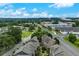An aerial view showcases townhomes with lush greenery and city skyline in the background in a suburban setting at 4853 Stonehall Pl, Atlanta, GA 30339