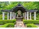 Stunning backyard pergola with a stone fireplace and egg chairs nestled in lush landscaping at 980 Fenimore Cir, Atlanta, GA 30350