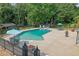 An aerial view of backyard pool surrounded by landscaped grounds and mature trees at 3244 Beechwood Se Dr, Marietta, GA 30067