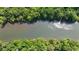 Aerial shot of a calm river lined with green trees and sparkling sunshine at 2010 Riverside Rd, Roswell, GA 30076