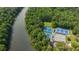 Aerial view of tennis courts and Chattahoochee River in wooded setting offers recreation at 2010 Riverside Rd, Roswell, GA 30076