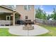 Backyard featuring a cozy stone fire pit next to the covered patio with outdoor furniture at 572 Boulder View Pkwy, Dallas, GA 30157