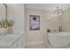 Spa-like bathroom featuring a freestanding tub, neutral tile, and decorative lighting for a luxurious experience at 750 Park Ne Ave # 6E, Atlanta, GA 30326
