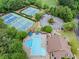 Aerial view showcases a community pool, tennis courts, and parking, surrounded by lush greenery at 795 Lake Medlock Dr, Alpharetta, GA 30022