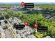 Aerial view of the townhomes and nearby locations: Downtown Alpharetta and Alpha Loop Walking Trail at 420 Banbury Xing, Alpharetta, GA 30009