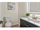 Half bathroom with stylish vanity, modern faucet and lighting at 5759 Albans Way, Lithonia, GA 30058