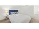 Cozy bedroom featuring a bed with a plush white comforter and blue upholstered headboard at 971 Clover Ln, Lawrenceville, GA 30044