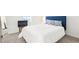 Comfortable bedroom with a soft, white duvet atop a bed with a blue headboard at 971 Clover Ln, Lawrenceville, GA 30044