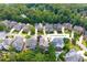 Aerial view of property showcasing neighborhood, mature trees, and backyard pool at 1121 Vinings Grove Se Way, Smyrna, GA 30082