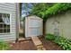 A storage shed is surrounded by beautiful landscaping, bushes, and flowers in the backyard at 1925 Waters Ferry Dr, Lawrenceville, GA 30043
