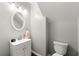 Cozy half-bath with updated vanity, oval mirror and toilet at 1612 Silver Oak Dr, Austell, GA 30106