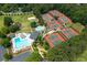Aerial view of a community clubhouse with tennis courts, a pool, and a playground area at 3525 Stone Cliff Way, Woodstock, GA 30189