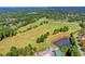 Picturesque aerial view of golf course community featuring lush greenery and serene water features at 5357 Harbury Cv, Suwanee, GA 30024