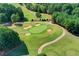 Scenic aerial view of a lush golf course showcasing manicured greens and beautiful landscaping at 5357 Harbury Cv, Suwanee, GA 30024