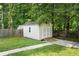 Exterior view of a white shed with a ramp in the backyard at 5399 Emily Cir, Ellenwood, GA 30294
