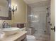 Bathroom featuring a glass-enclosed shower, vessel sink, and modern fixtures for a luxurious feel at 515 Saint Barbaras Nw Ln, Marietta, GA 30064