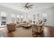 Bright living room features hardwood floors, large windows, and a ceiling fan at 6838 Prelude Dr, Atlanta, GA 30328