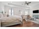 Open main bedroom with a ceiling fan, sitting area, TV and decorative rug at 6838 Prelude Dr, Atlanta, GA 30328