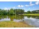 Calm pond reflecting the sky, surrounded by mature trees and lush green grass, creates a serene landscape at 411 Mountain View Ln, Woodstock, GA 30188