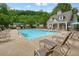A view of a pool featuring lounge chairs, an umbrella, and a pool house at 411 Mountain View Ln, Woodstock, GA 30188