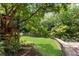 Beautiful backyard featuring a lush lawn, mature trees, stone accents and a charming treehouse platform at 1029 Fairway Ne Ests, Atlanta, GA 30319