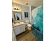 Bathroom featuring a blue shower curtain, blue floor mat, wood-look flooring and a white vanity at 160 Springdale Ct, Newborn, GA 30056