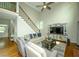 Bright living room featuring hardwood floors, staircase, high ceilings, and modern decor at 1409 Echo Mill Dr, Powder Springs, GA 30127