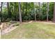 Backyard with a hot tub, a small outbuilding, lush grass and mature trees at 1443 Fama Ne Dr, Atlanta, GA 30329