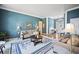 Inviting living room with blue accent walls and lots of natural light at 569 Fairway Dr, Woodstock, GA 30189