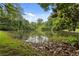 Scenic view of a tranquil pond surrounded by lush greenery and trees, reflecting the sky above at 347 Oakhurst Dr, Marietta, GA 30066