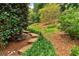 Backyard featuring natural landscaping, green lawns, and stepping stones leading up to a hill at 1637 Willow Way, Woodstock, GA 30188