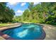 Backyard with in-ground pool surrounded by greenery, and sunny skies at 2390 Sassafrass Ln, Powder Springs, GA 30127