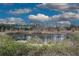 Picturesque view of a pond, framed by lush greenery and a cloudy sky at 451 Tioram Se Ln, Smyrna, GA 30082