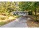 Charming single story house with light blue painted brick, mature trees and a concrete driveway at 2849 Crescendo Dr, Atlanta, GA 30318