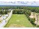 Aerial view of a sprawling soccer field surrounded by lush trees at 4117 Flat Rock Pt, Stonecrest, GA 30038