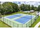 Aerial view of tennis courts, surrounded by a fence and green space at 4117 Flat Rock Pt, Stonecrest, GA 30038