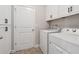 A functional laundry room with white cabinets and modern washer and dryer at 422 Silver Brook Dr, Woodstock, GA 30188