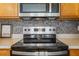 Close up of stainless steel stove and microwave and decorative tile at 417 Red Coat Ln, Woodstock, GA 30188