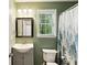 Cozy bathroom featuring a single sink vanity, toilet, and shower with curtain at 14 Augusta Way, Hiram, GA 30141