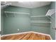 Walk-in closet features wood flooring, white wire shelving, and green walls at 203 Crescent Moon Way Way, Canton, GA 30114