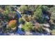 Real estate aerial shot exhibits home in a wooded neighborhood with mature trees at 3081 Frankie Ln, Duluth, GA 30096