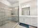 Modern bathroom with glass-enclosed shower and white vanity with double sinks at 4776 Highside Way, Smyrna, GA 30082