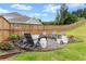 Cozy backyard fire pit area with seating, landscaping, and a privacy fence at 7820 Longview Dr, Cumming, GA 30041